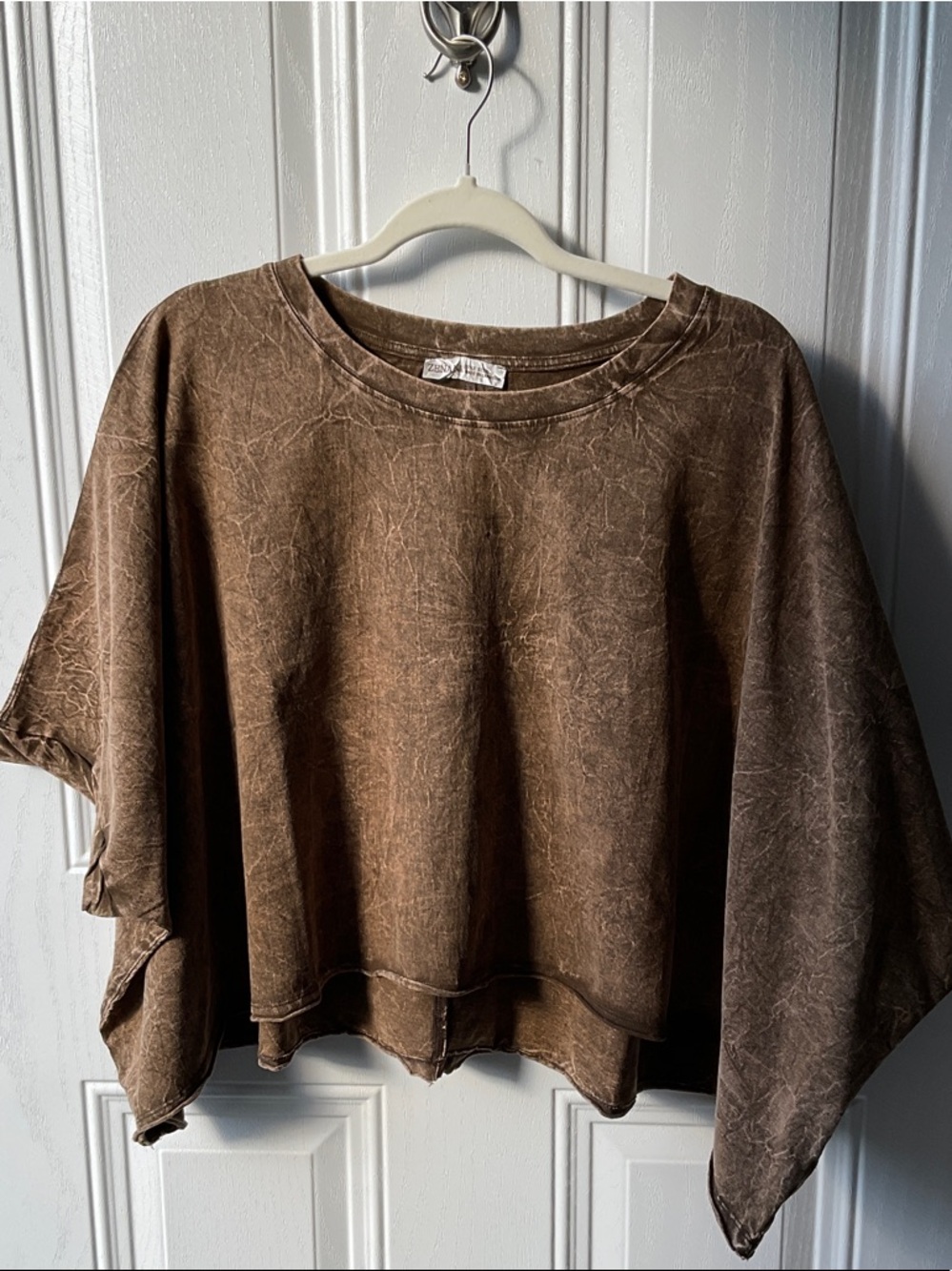 Zenana Outfitters Washed Brown Boxy Short Sleeve Top
